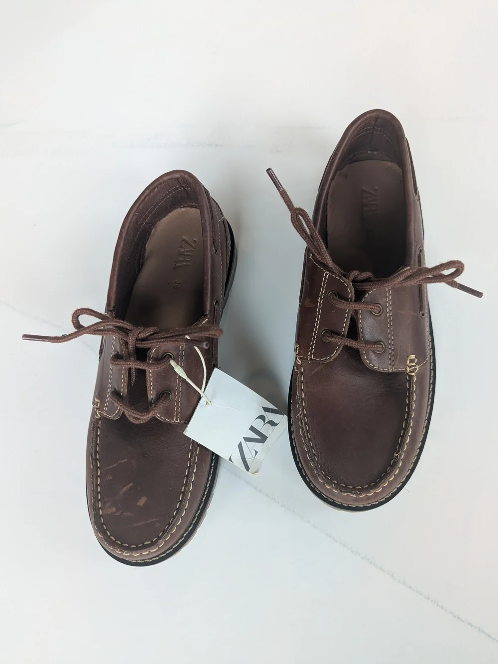 Zara Men's Dark Brown Leather Lace-Up Boat Shoes